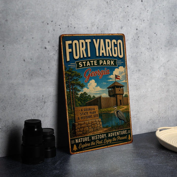 A vintage-style metal sign for Fort Yargo State Park in Georgia, featuring an illustration of the park's landscape and a bird.