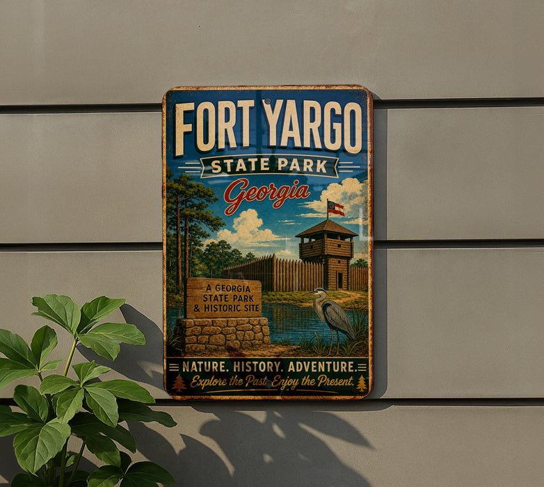 A vintage-style metal sign for Fort Yargo State Park in Georgia, featuring a scenic illustration of the park and its surroundings.