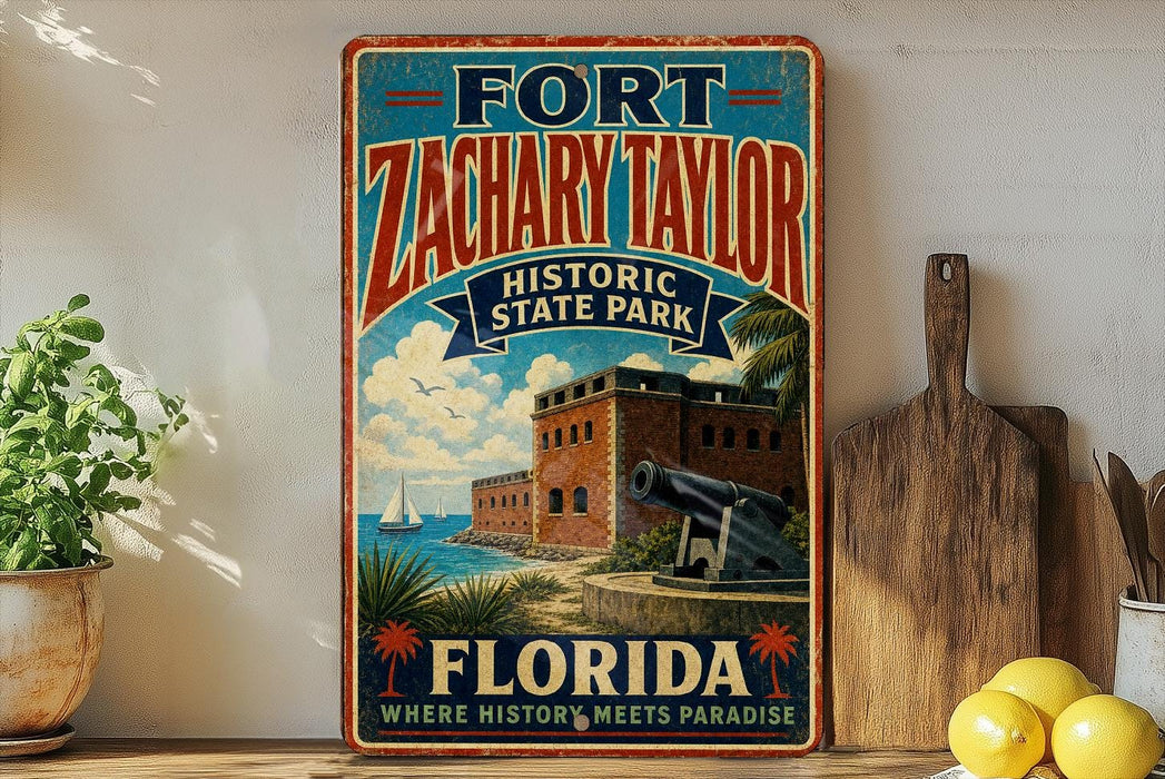 A vintage-style sign for Fort Zachary Taylor Historic State Park in Florida, featuring a cannon and a tropical landscape.