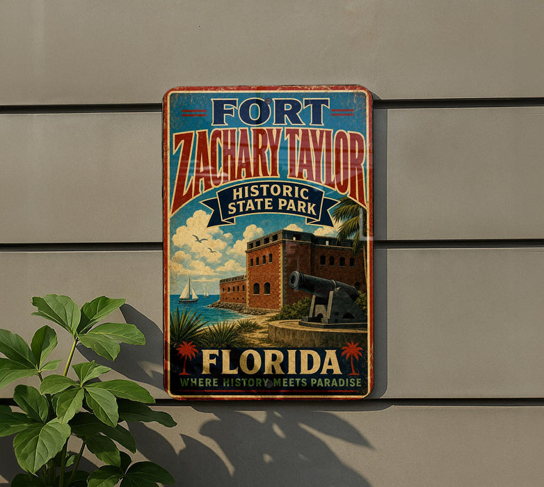 A vintage-style sign for Fort Zachary Taylor Historic State Park in Florida, featuring a castle, palm trees, and a cannon.