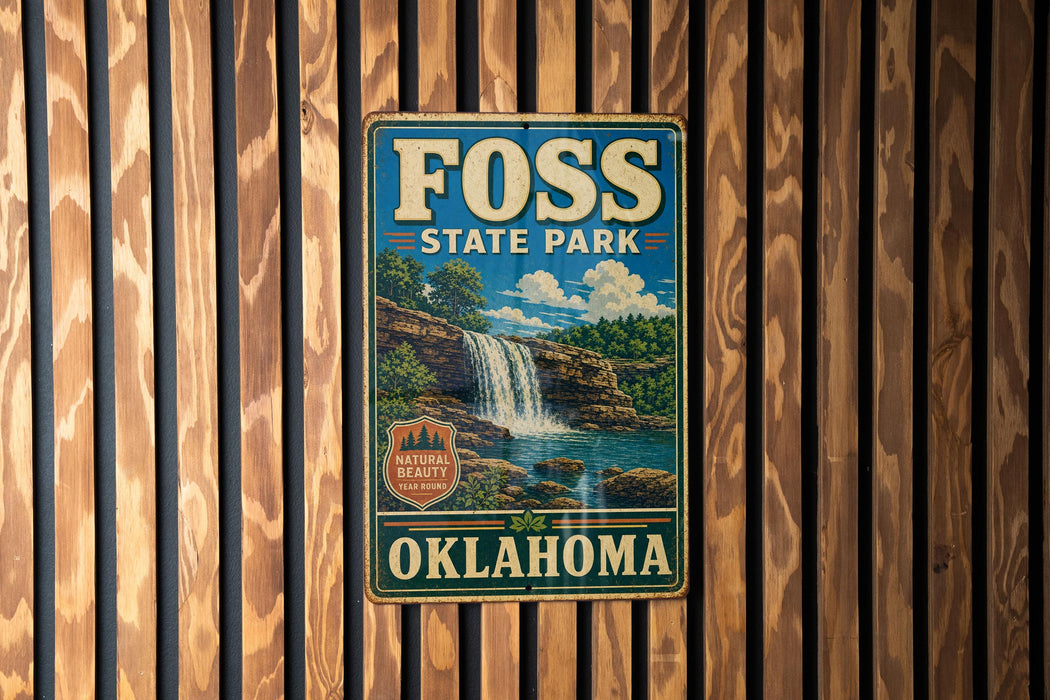 A vintage-style metal sign for Foss State Park in Oklahoma, featuring a waterfall and a forest landscape.