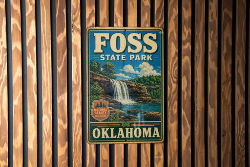 A vintage-style metal sign for Foss State Park in Oklahoma, featuring a waterfall and a forest landscape.