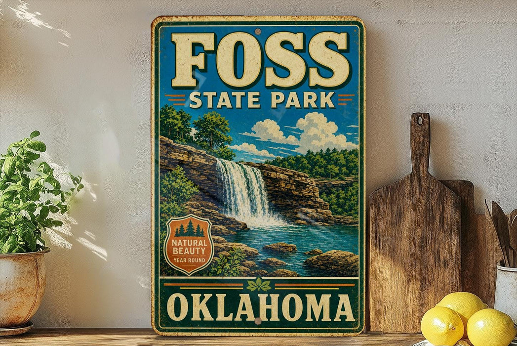 A vintage-style sign for Foss State Park in Oklahoma, featuring a waterfall and lush greenery, is displayed on a shelf next to a wooden cutting board and some lemons.
