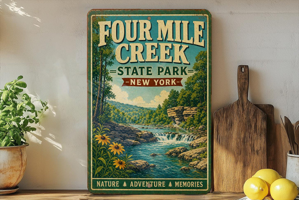 A vintage-style sign for Four Mile Creek State Park in New York, featuring a scenic illustration of a waterfall and lush greenery.