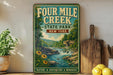 A vintage-style sign for Four Mile Creek State Park in New York, featuring a scenic illustration of a waterfall and lush greenery.