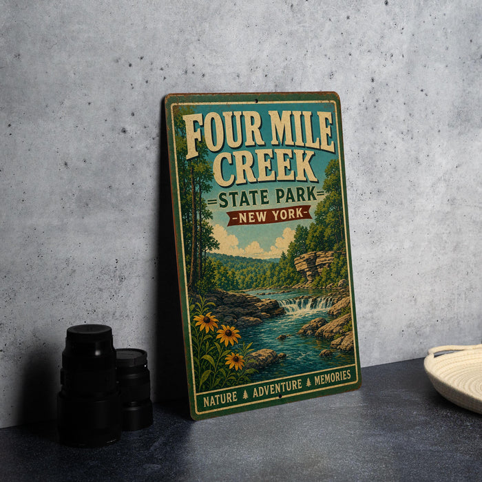 A vintage-style metal sign for Four Mile Creek State Park in New York, featuring a scenic illustration of the creek surrounded by nature and adventure.