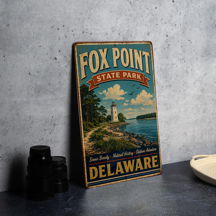 A vintage-style metal sign for Fox Point State Park in Delaware, featuring a lighthouse and a scenic landscape.