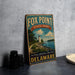 A vintage-style metal sign for Fox Point State Park in Delaware, featuring a lighthouse and a scenic landscape.