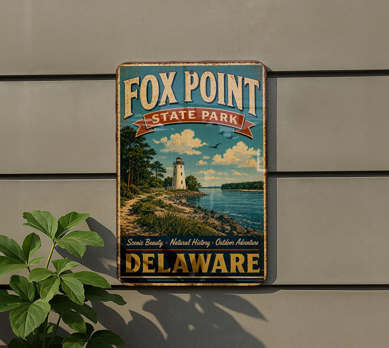 A vintage metal sign for Fox Point State Park in Delaware, featuring a lighthouse and a scenic landscape.
