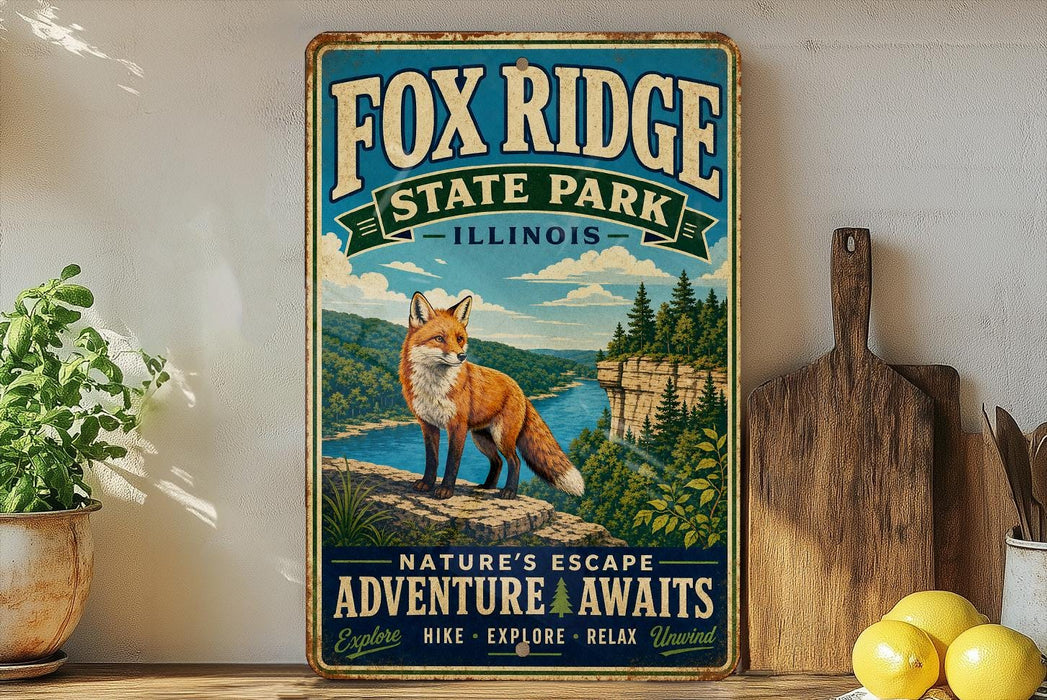 A vintage-style sign for Fox Ridge State Park in Illinois, featuring an illustration of a fox in a scenic landscape.