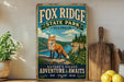A vintage-style sign for Fox Ridge State Park in Illinois, featuring an illustration of a fox in a scenic landscape.