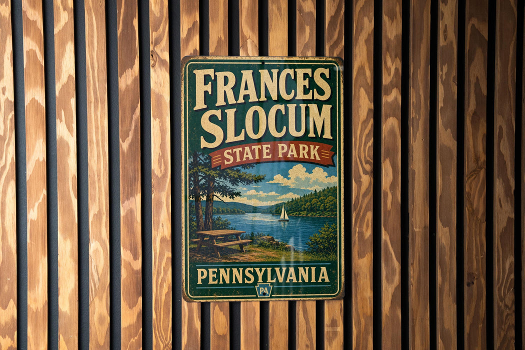 A vintage-style metal sign for Frances Slocum State Park in Pennsylvania, featuring a scenic landscape with a lake, trees, and a sailboat.