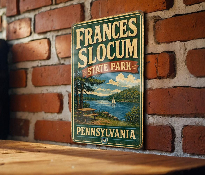 A vintage-style sign for Frances Slocum State Park in Pennsylvania, featuring a scenic landscape with a lake, trees, and a sailboat.
