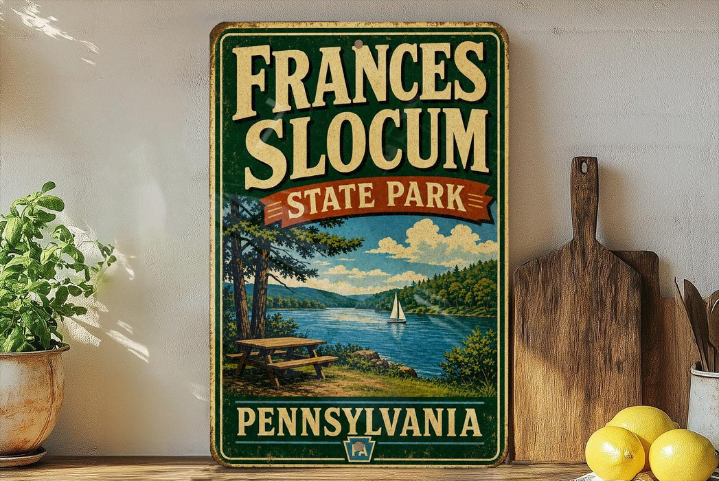 a vintage-style sign for Frances Slocum State Park in Pennsylvania, with a scenic illustration of a lake, trees, and a sailboat.