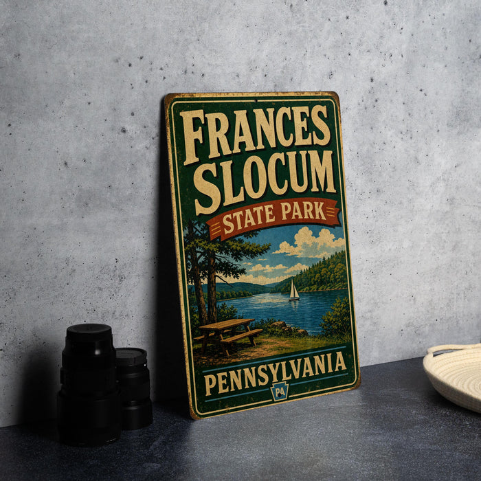 A vintage-style sign for Frances Slocum State Park in Pennsylvania, featuring a scenic landscape with a lake, trees, and a sailboat.