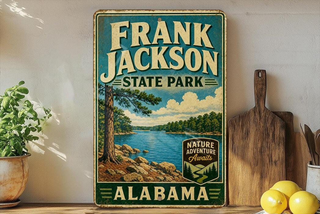 A vintage-style sign for Frank Jackson State Park in Alabama, featuring a scenic landscape with a lake and pine trees.
