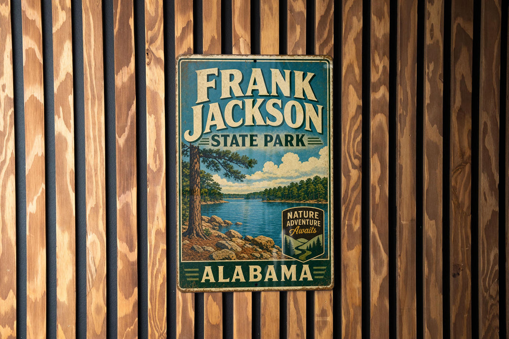 A vintage metal sign for Frank Jackson State Park in Alabama, featuring a scenic landscape with a lake and pine trees.