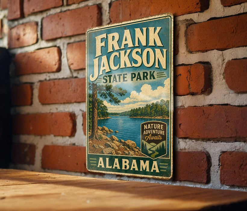 A vintage-style sign for Frank Jackson State Park in Alabama, featuring a scenic landscape with a lake and mountains.