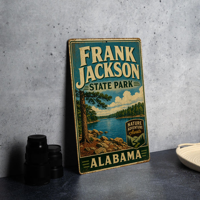 A vintage-style sign for Frank Jackson State Park in Alabama, featuring a scenic landscape with a lake and trees.