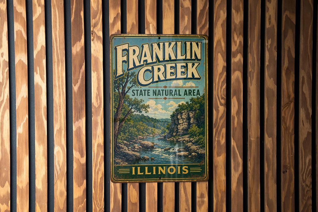 A vintage Franklin Creek sign is displayed on a wooden wall, indicating the location as the State Natural Area in Illinois.