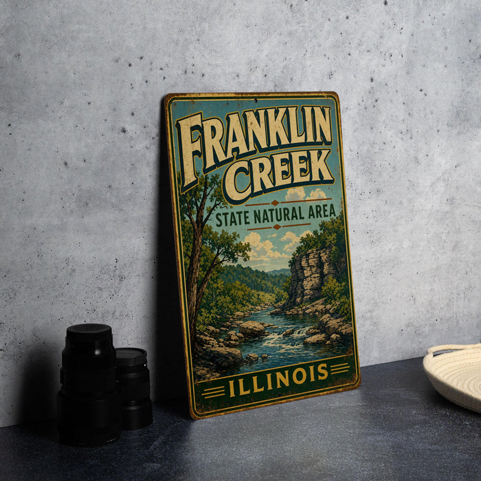 A vintage Franklin Creek sign from Illinois, featuring a scenic landscape with a river and mountains, is displayed on a gray countertop next to some black camera lenses.
