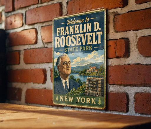 A vintage-style metal sign welcoming visitors to Franklin D. Roosevelt State Park in New York.