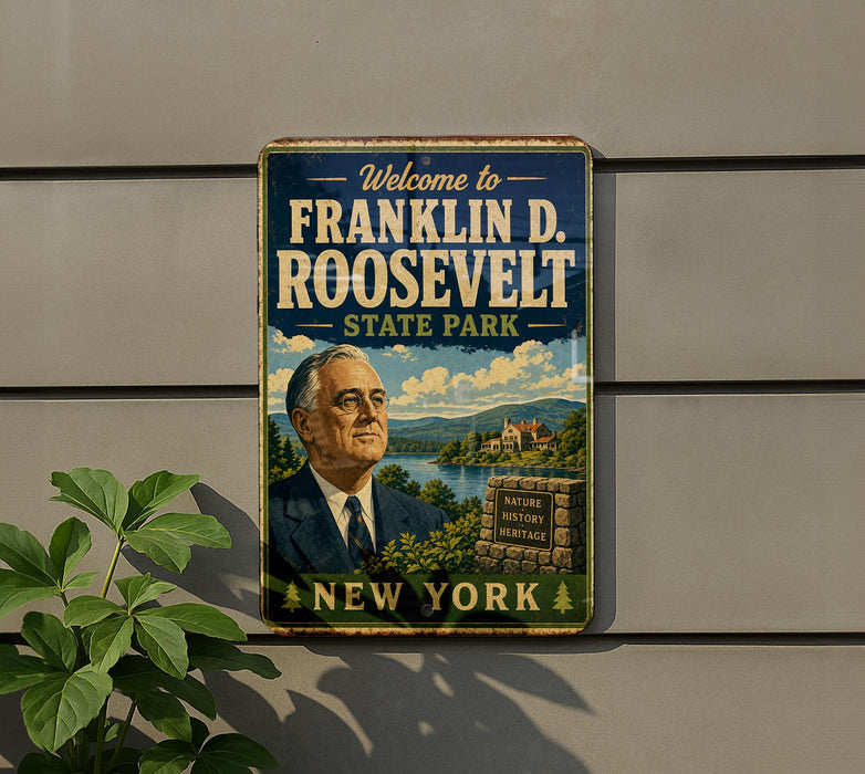 a vintage-style metal sign that reads "Welcome to Franklin D. Roosevelt State Park New York" with a portrait of a man in a suit and tie.