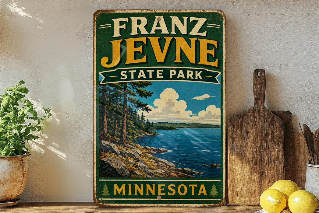 A vintage-style sign for Franz Jevne State Park in Minnesota, featuring a scenic landscape with a lake, mountains, and pine trees.