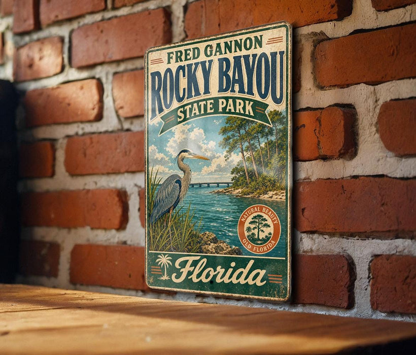 A vintage-style metal sign for Rocky Bayou State Park in Florida, featuring a scenic illustration of the bayou and its surroundings.