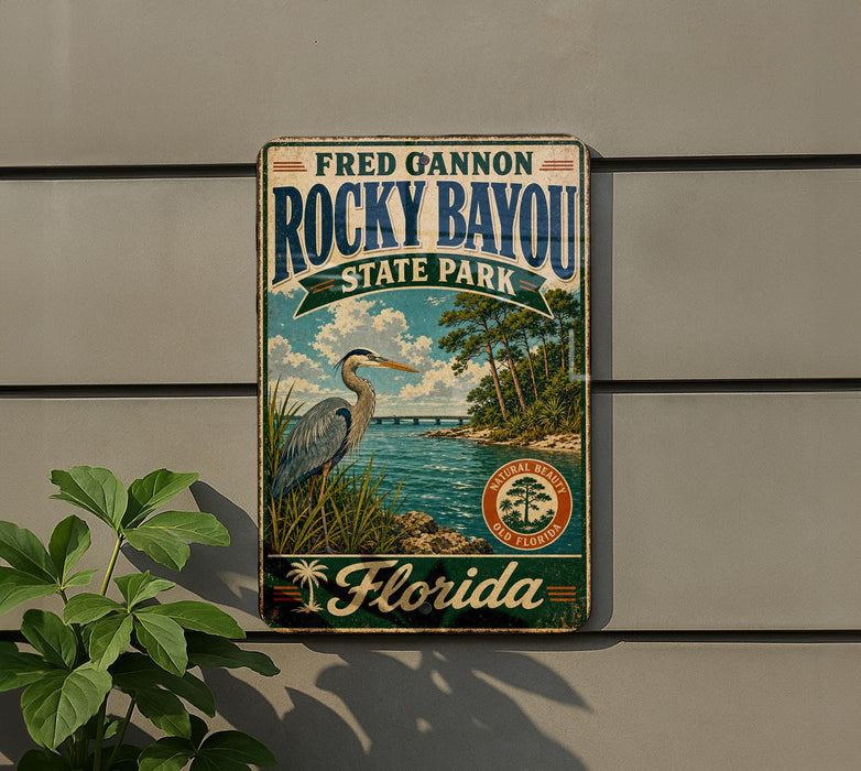 A vintage-style sign for Rocky Bayou State Park in Florida, featuring a large blue heron in the foreground and a scenic landscape in the background.