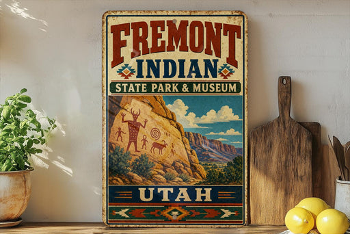 a vintage-style sign for Fremont Indian State Park & Museum, with a desert landscape and rock art illustration, placed on a wooden surface next to a cutting board and some lemons.