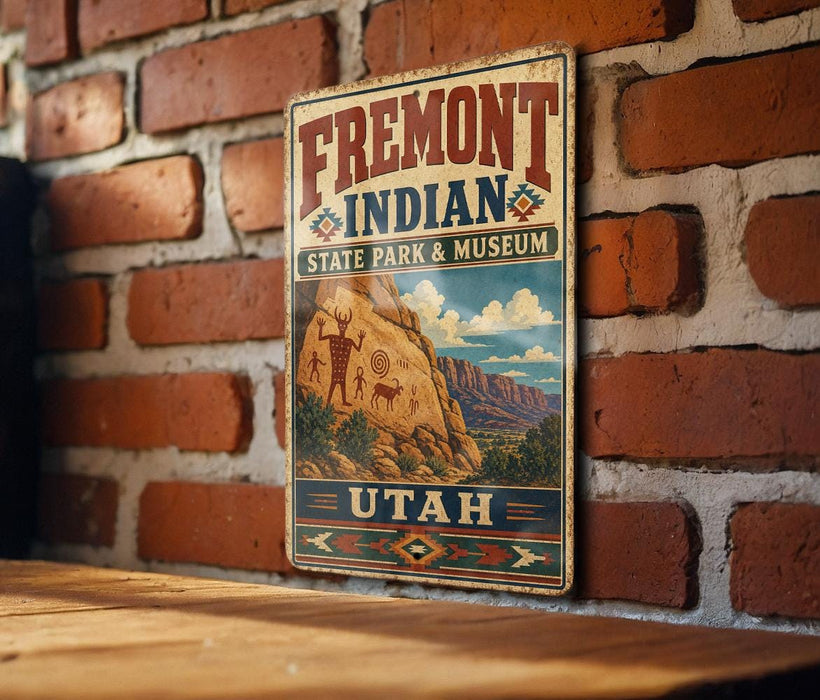 A vintage metal sign for Fremont Indian State Park and Museum, featuring an illustration of a mountain landscape with Native American symbols.
