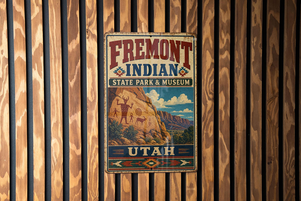 A vintage metal sign for Fremont Indian State Park & Museum, featuring an illustration of a rock formation with Native American art.