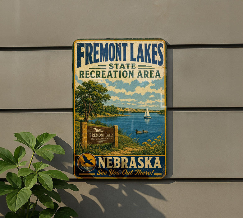 A vintage metal sign for Fremont Lakes State Recreation Area in Nebraska, featuring a scenic landscape with a lake, sailboat, and mountains.