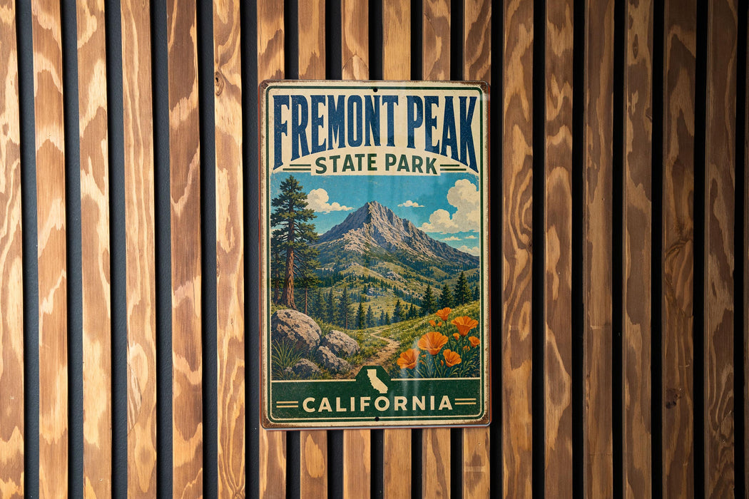 A vintage metal sign for Fremont Peak State Park in California, featuring a mountain landscape with pine trees and flowers.