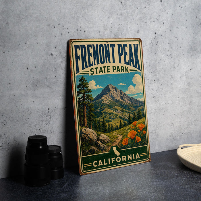 A vintage-style sign for Fremont Peak State Park in California, featuring a mountain landscape with pine trees and orange flowers.