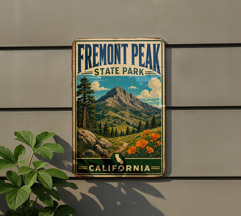 A vintage metal sign for Fremont Peak State Park in California, featuring a scenic mountain landscape with pine trees, flowers, and a winding path.