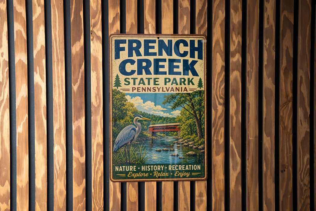 A vintage metal sign for French Creek State Park in Pennsylvania, featuring an illustration of a heron and a bridge over a river.