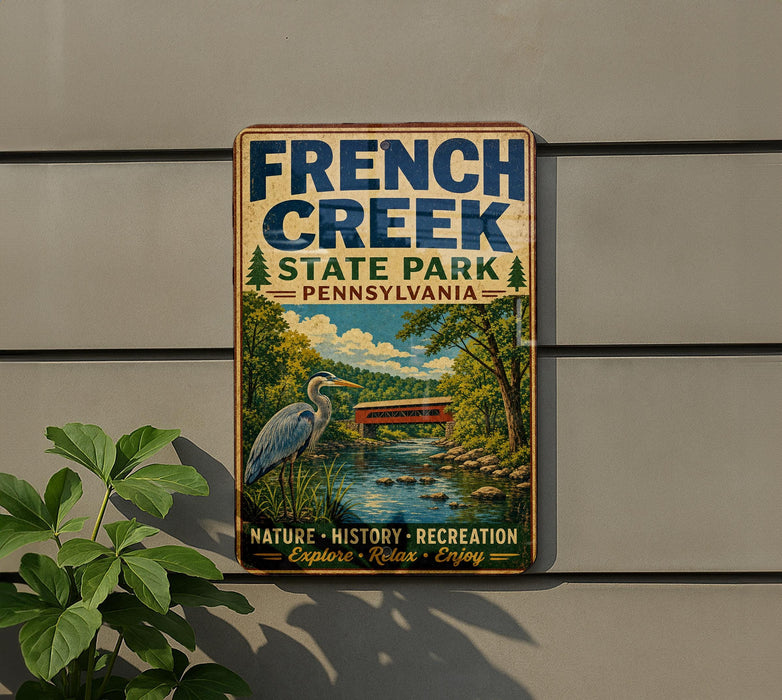 A vintage-style sign for French Creek State Park in Pennsylvania, featuring a scenic illustration of a river, bridge, and wildlife.