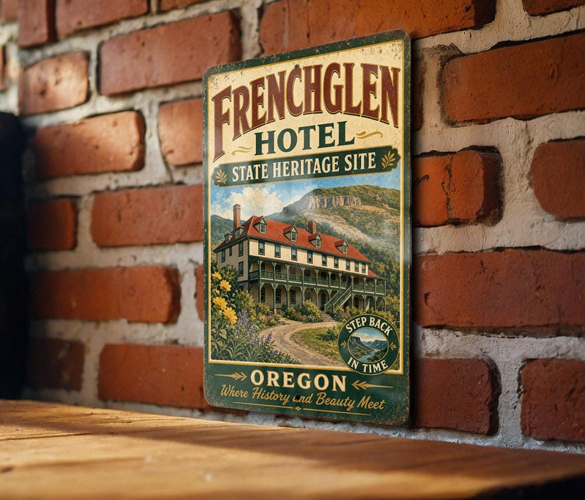 A vintage-style metal sign for the French Glen Hotel, featuring a large illustration of the hotel building and a scenic mountain landscape.