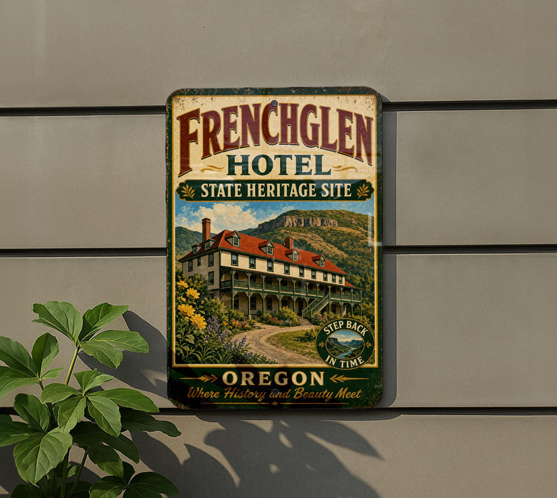 A vintage-style sign for the French Glen Hotel, featuring a large illustration of the hotel building surrounded by a scenic landscape.