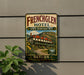 A vintage-style sign for the French Glen Hotel, featuring a large illustration of the hotel building surrounded by a scenic landscape.