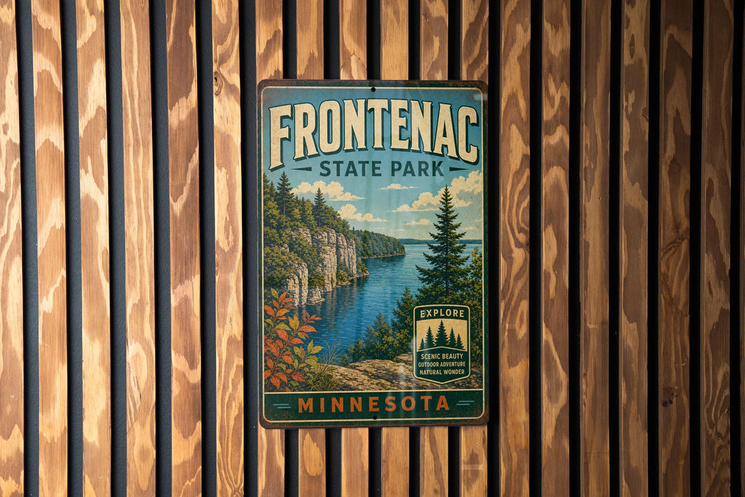 A vintage metal sign for Frontenac State Park in Minnesota, featuring a scenic landscape with a lake, mountains, and pine trees.