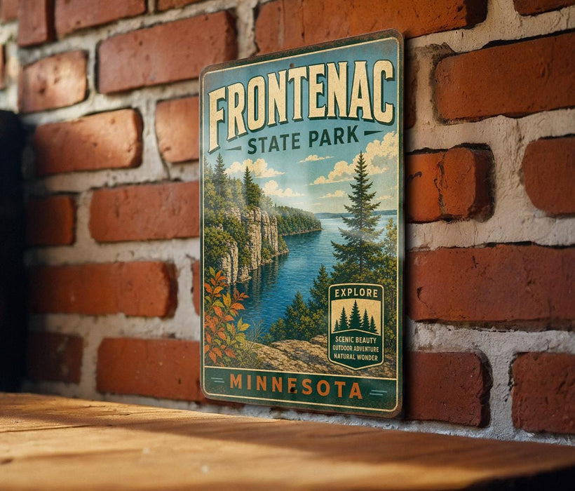 A vintage metal sign for Frontenac State Park in Minnesota, featuring a scenic landscape with a lake, mountains, and pine trees.