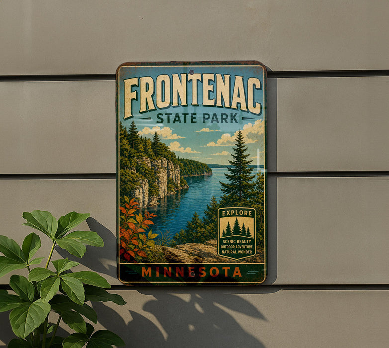 A vintage-style metal sign for Frontenac State Park in Minnesota, featuring a scenic landscape with a lake, cliffs, and pine trees.