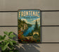 A vintage-style metal sign for Frontenac State Park in Minnesota, featuring a scenic landscape with a lake, cliffs, and pine trees.