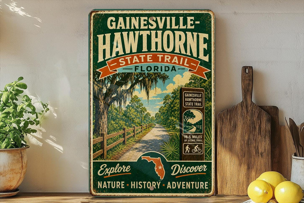 a vintage-style metal sign for the Gainesville-Hawthorne State Trail in Florida, with a scenic illustration of a road surrounded by trees and greenery. The sign encourages visitors to explore nature, history, and adventure.
