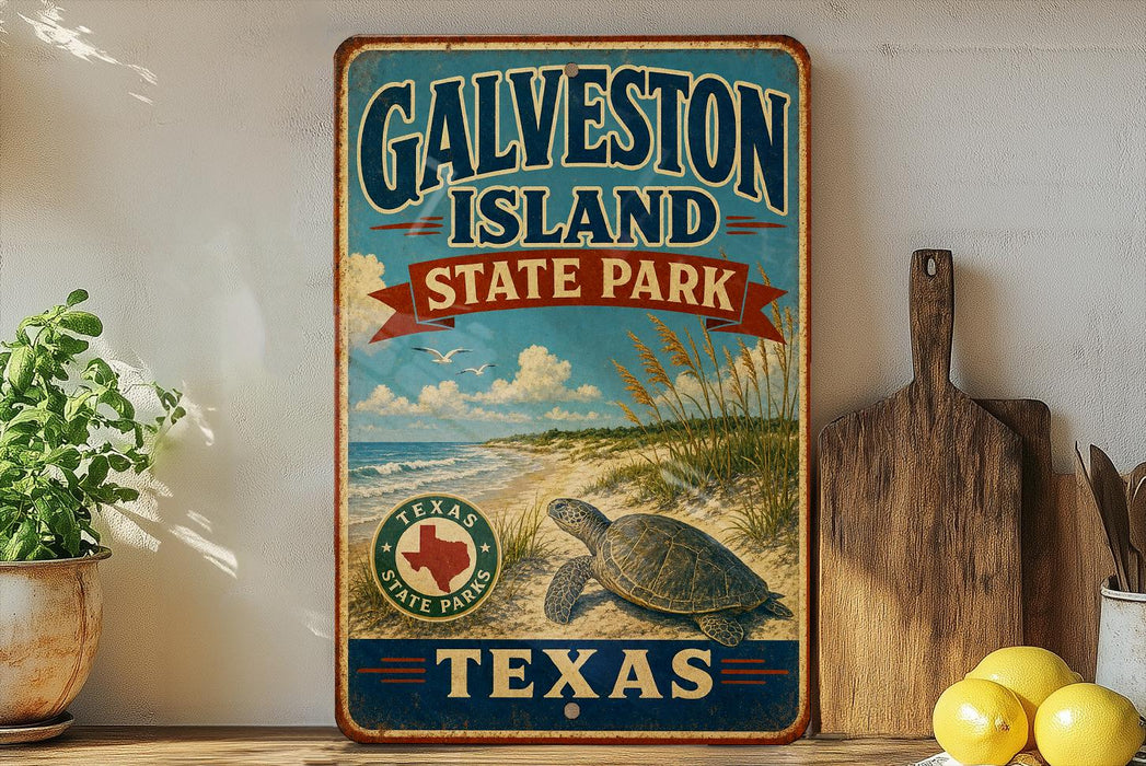A vintage-style sign for Galveston Island State Park in Texas, featuring a turtle and beach scene, is displayed on a shelf next to a wooden cutting board and some lemons.