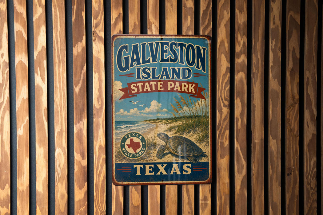 A vintage metal sign for Galveston Island State Park in Texas, featuring a turtle and a beach scene.