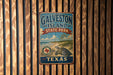 A vintage metal sign for Galveston Island State Park in Texas, featuring a turtle and a beach scene.